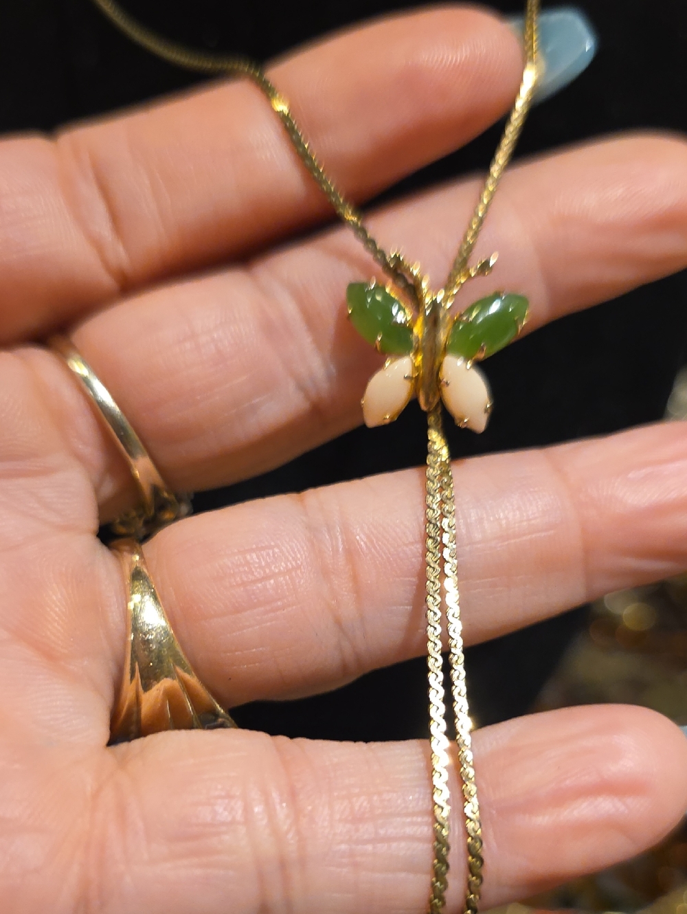 Gold Butterfly Necklace with Green and Cream Stones by